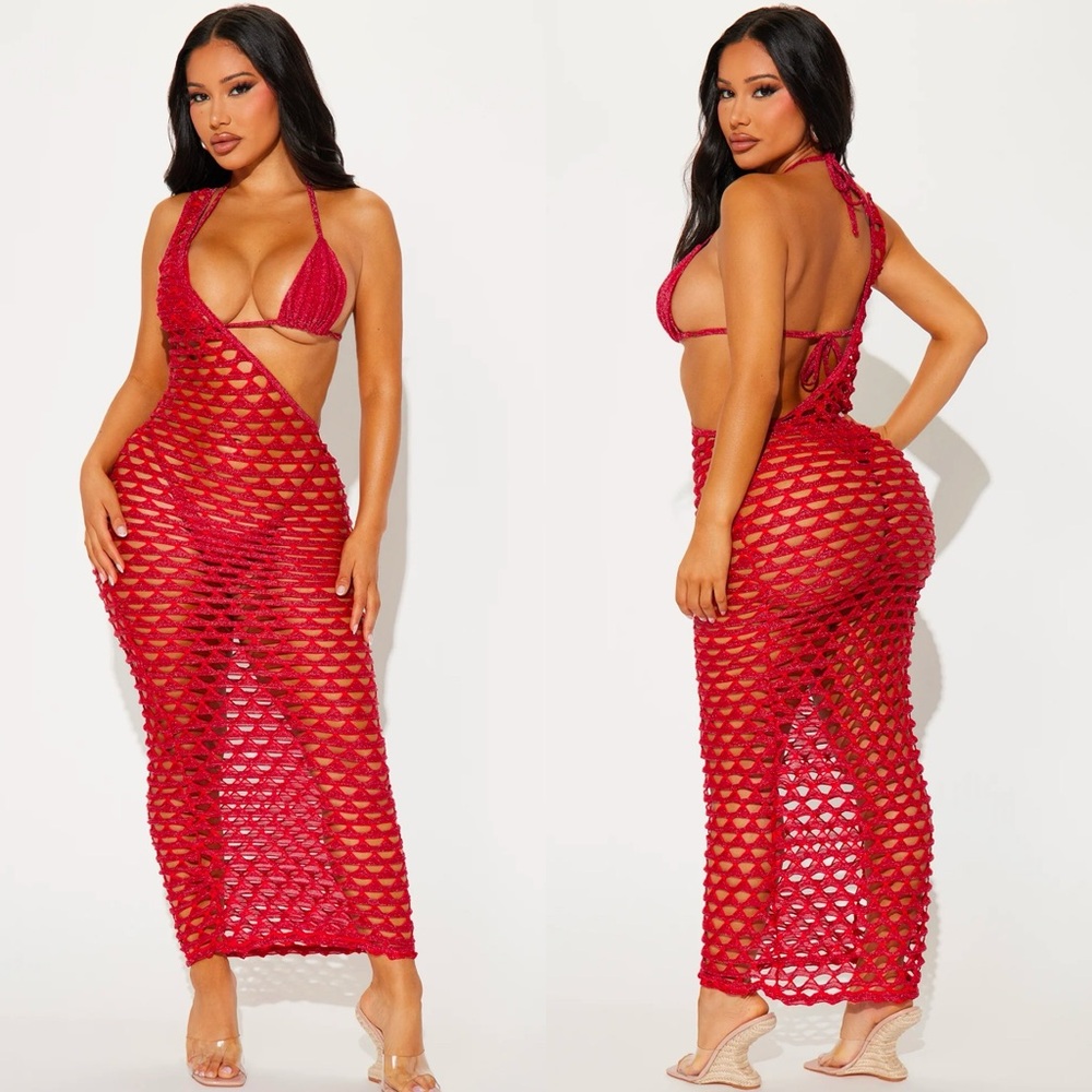 NWT RED SPARKLE 3 PIECE BIKINI SET AND COVER UP DRESS, SPRING SUMMER BEACH